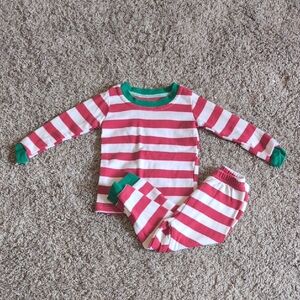 Red and White Striped Pajama Set with Green Trim